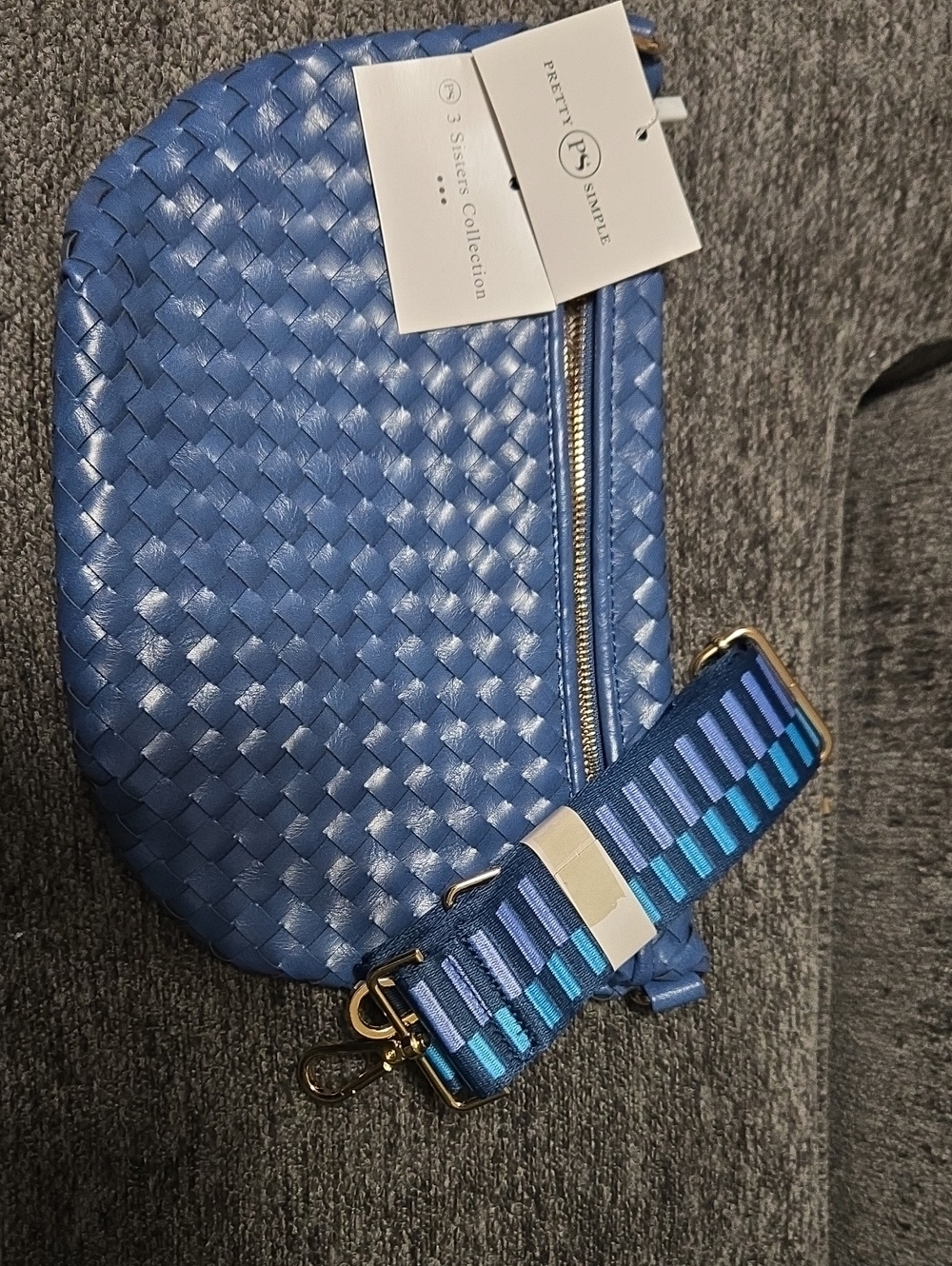 Pretty Simple Blue Woven Crossbody Bag with Striped Adjustable Strap